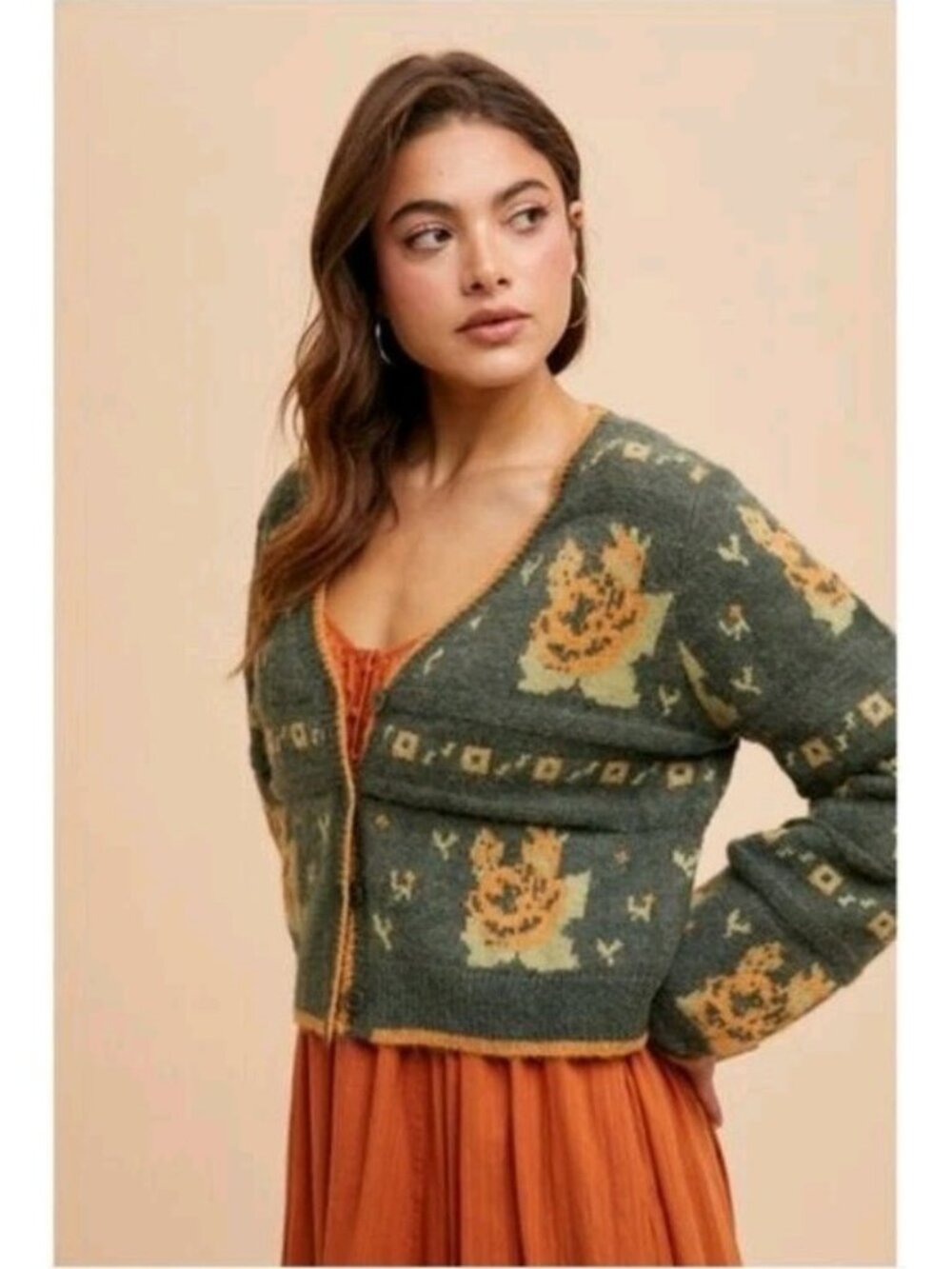 In Loom Women's Jacquard Button Front Sweater Cardigan Large Green Orange